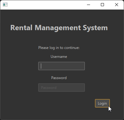 Rental Management System login screen screenshot